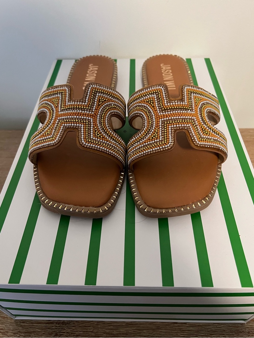 Jason Wu Tan Embellished Beaded Slide Sandals
